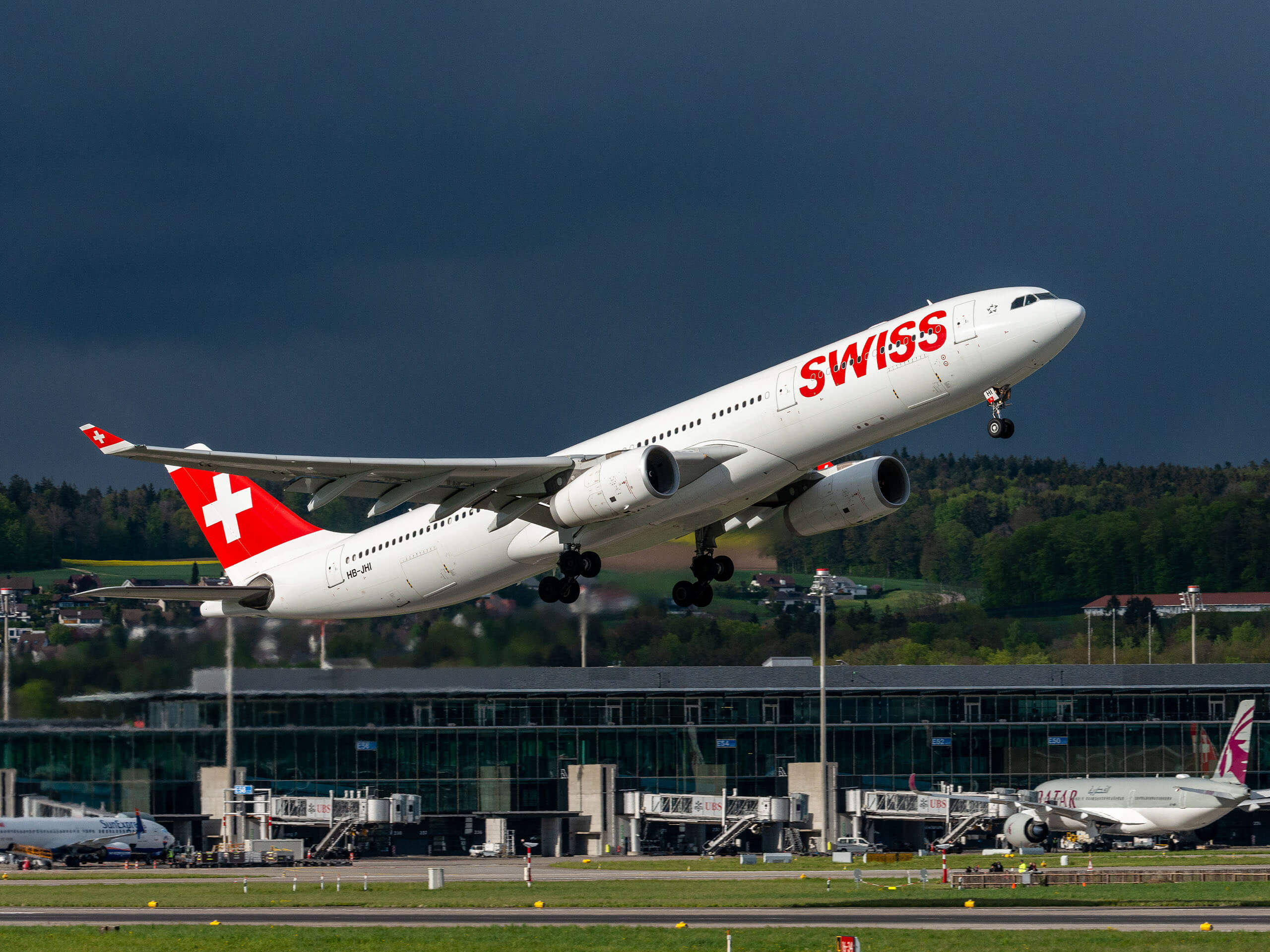 Swiss airplane is taking off